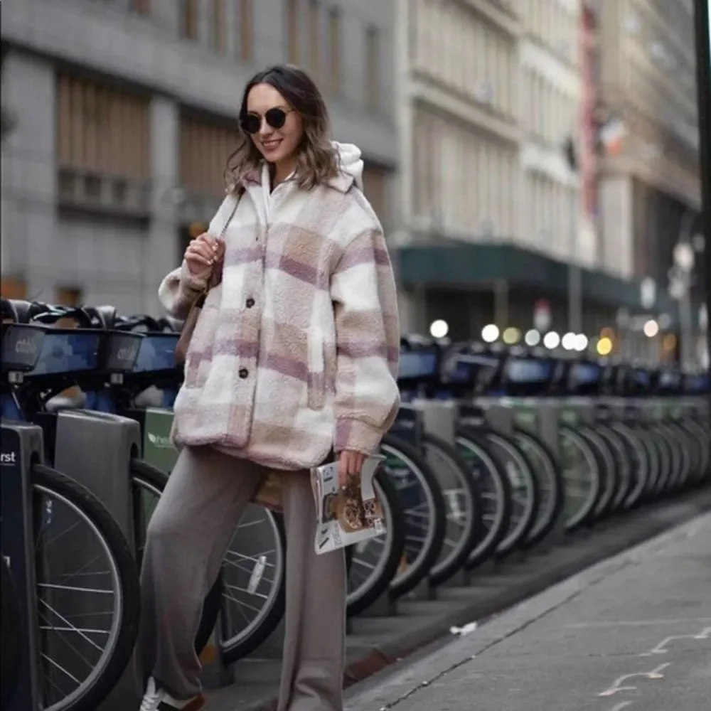 H&M Plaid Pastel Colors Faux Shearling Jacket Lined Warm - Picture 13 of 14